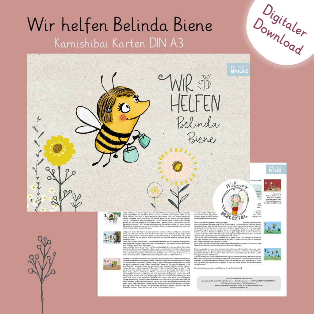 Kamishibai Karten zum Ausdrucken Belinda Biene PDF DIN A3 Rettet die Bienen Samenbomben DIY Kindergarten Kita Frühling Kinder Naturschutz Umwelt Nachhaltigkeit Wilma Wochenwurm von Susanne Bohne