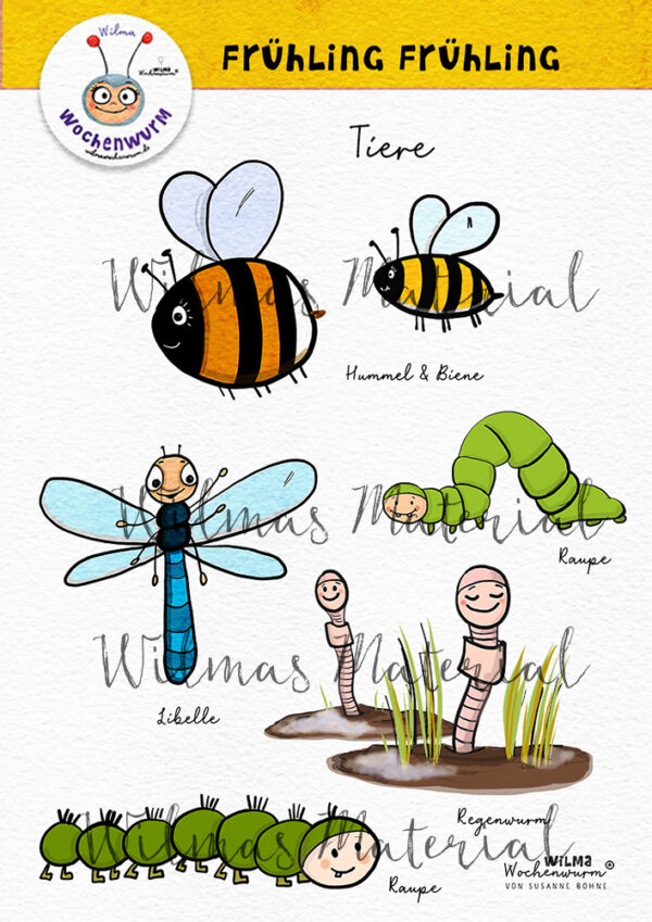Frühling Cliparts Illustrationen Grafiken Doodle PNG Kinder Grundschule Handgezeichnet Kindergarten Tiere Biene Hummel Libelle Raupe Regenwurm