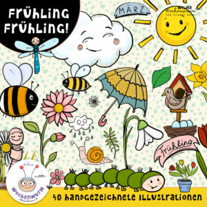 Frühling Cliparts Illustrationen handgezeichnet Doodles Arbeitsblätter Kita Ausmalen Kindergarten Grundschule Kinder Kind