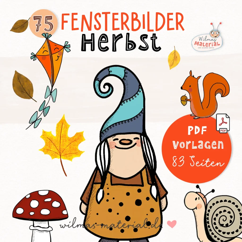 Herbst Fensterbilder für den Gruppenraum im Kindergarten Fensterbild Herbst Wichtel Drachen Blätter Apfel Kita Ausmalbild Wilmas Material