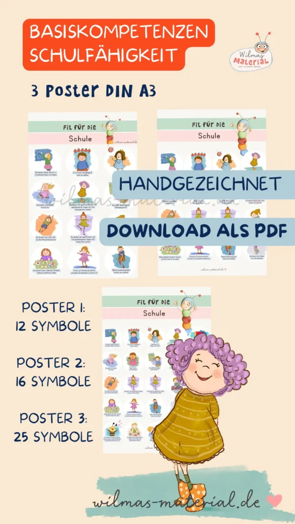 Schulfähigkeit Basiskompetenzen Kompetenzen Schuleignungstest PDF Poster Karten Wilmas Material