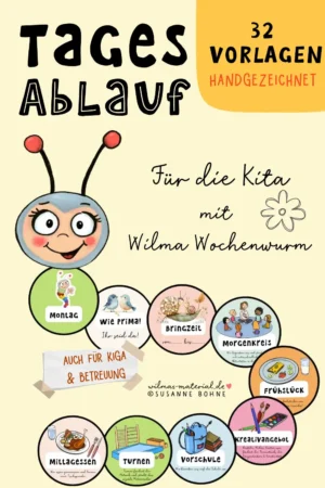Tagesablauf Kita Kindergarten Vorlage Wilma Wochenwurm Wilmas Material Vorlage ausdrucken Piktogramme Kindergarten Bilder