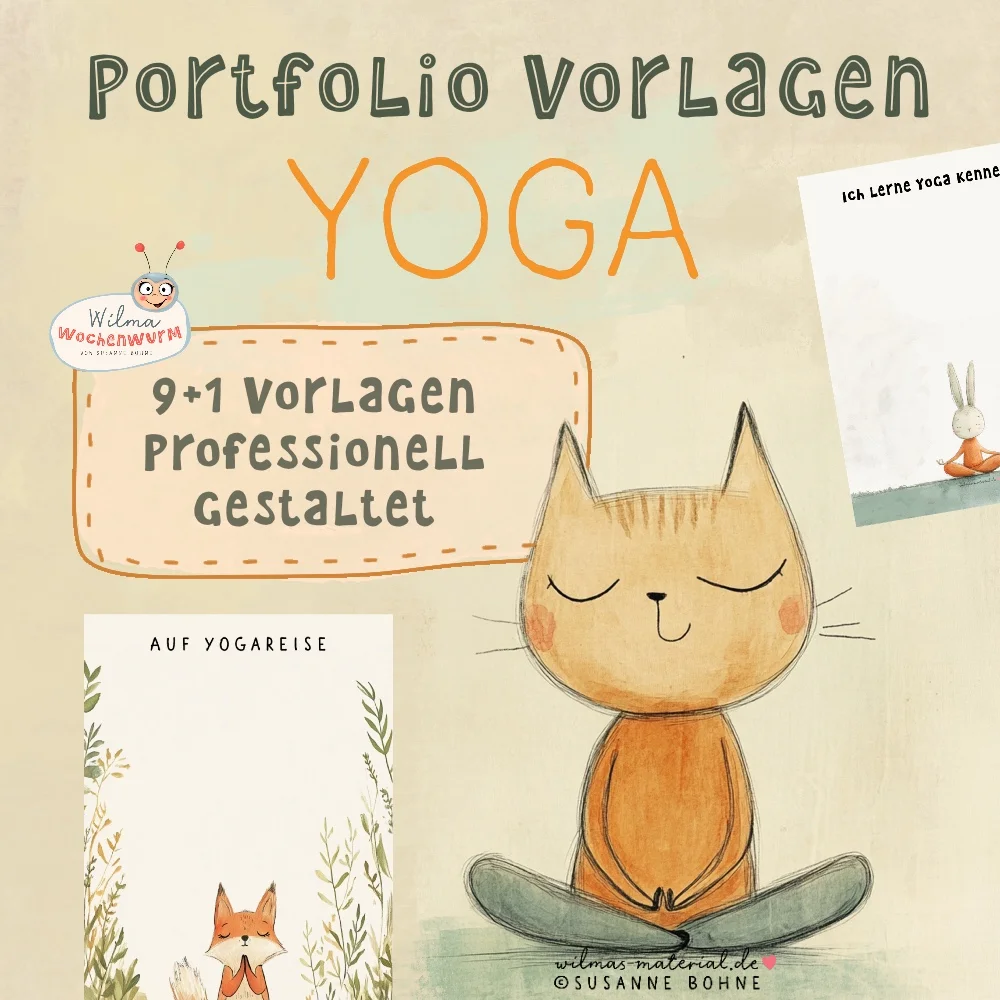 Titelbild der Portfolio-Vorlagen zum Kinderyoga – mit meditativer Katze, Fuchs und Wilma Wochenwurm. Ideal für Kindergarten, Grundschule & Kindertagespflege.