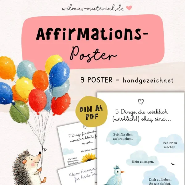 Affirmationsposter von Wilma Wochenwurm für Kinder in Kita Kindergarten und Grundschule Selbstfürsorge Erzieherin mental health