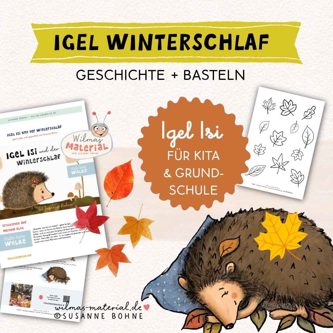 Igel Winterschlaf Geschichte und Bastelprojekt für Kindergarten und Grundschule - Igel Isi PDF zum Ausdrucken mit Schneidevorlagen
