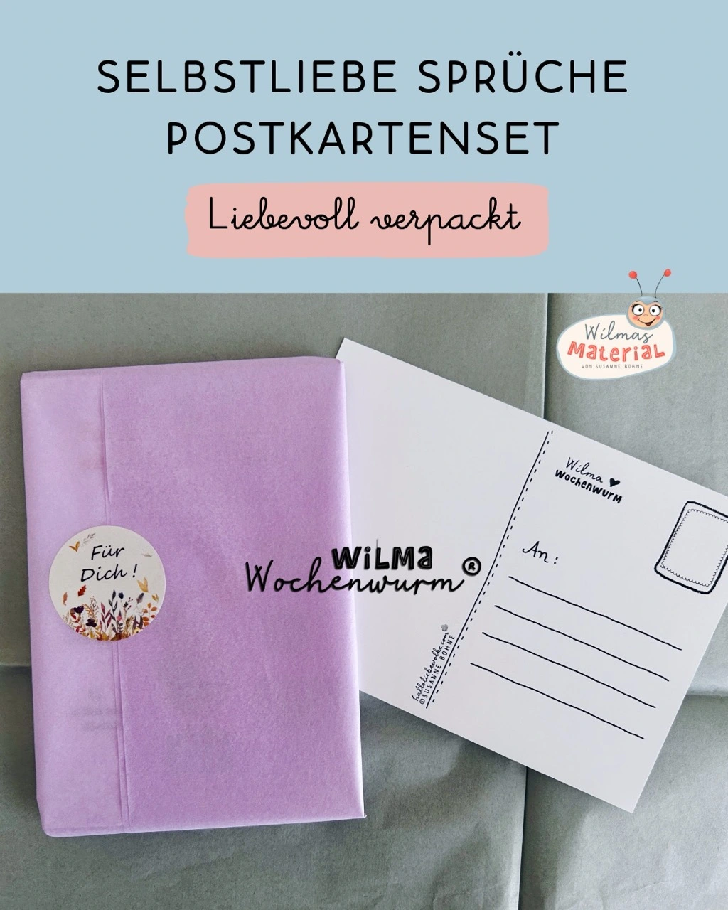 Selbstliebe Postkarten liebevoll verpackt - Mut-Mäuse Set in rosa Seidenpapier mit Wilma Wochenwurm Aufkleber