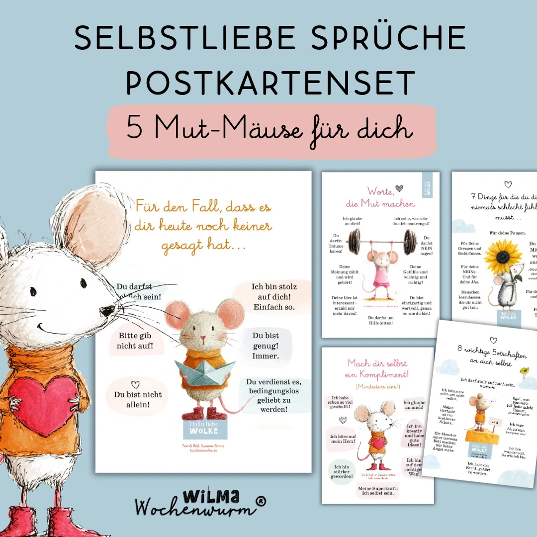 Selbstliebe Postkarten Set - 5 Mut-Mäuse Karten mit Affirmationen und Sprüchen für mehr Selbstfürsorge von Wilma Wochenwurm