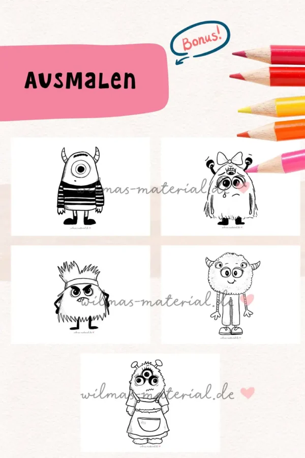 Monster Ausmalbilder zum Ausdrucken - Gefühle mit Kindern erarbeiten im Kindergarten - Wilma Wochenwurm