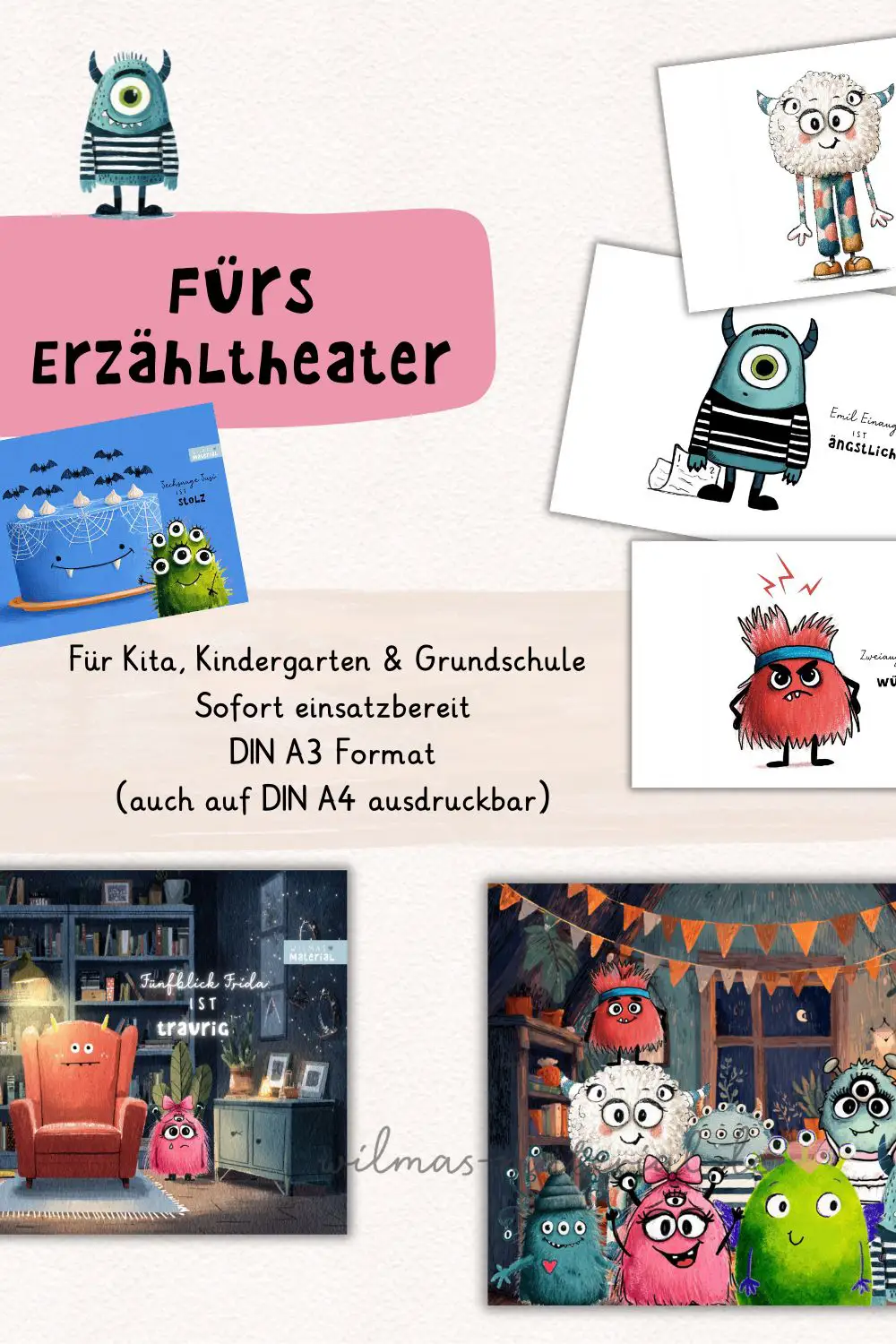 Gefühle mit Kindern bearbeiten und Zählen lernen Kindergarten - Kamishibai Karten Monsterparty zum Ausdrucken