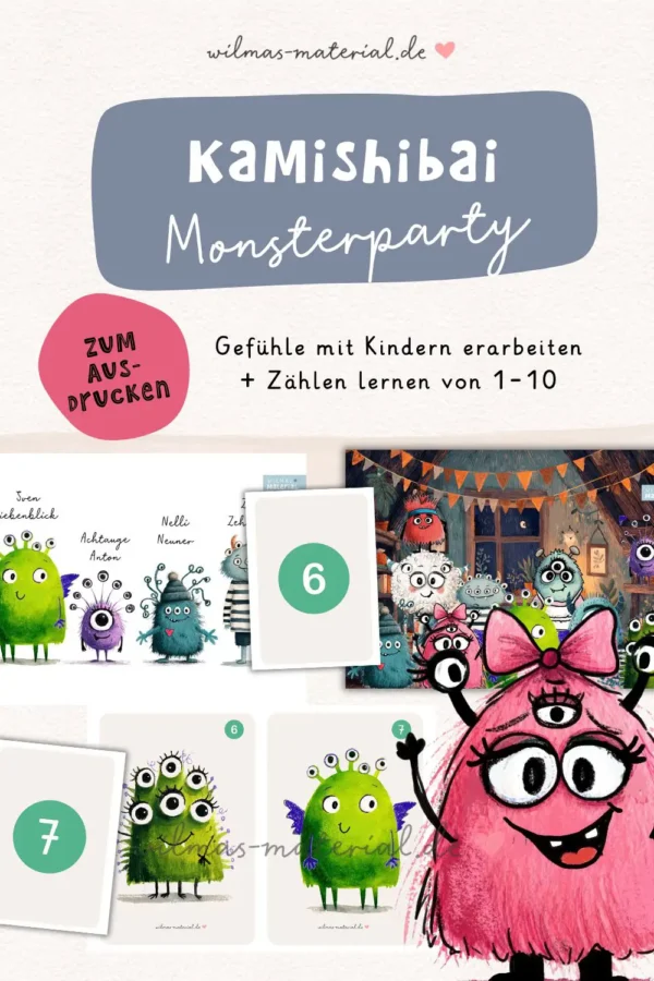Kamishibai Bildkarten für Erzähltheater Kindergarten - Die Monsterparty Geschichte mit 14 Karten - Wilmas Material