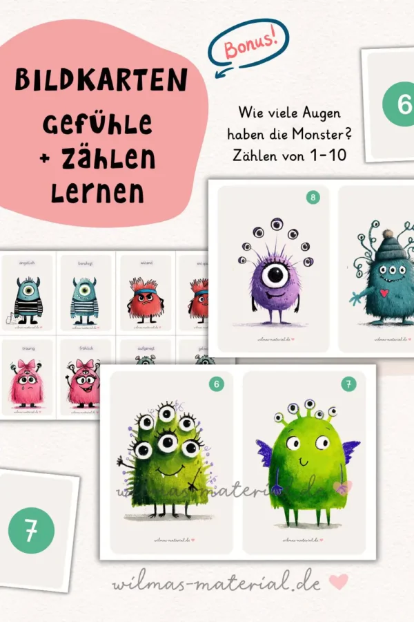 Bildkarten Gefühle und Zahlen lernen von 1-10 für Kindergarten - spielerisch zählen lernen mit Monstern - Wilma Wochenwurm