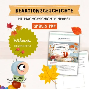Kostenloses PDF einer Bewegungsgeschichte Herbst Kindergarten & Kita mit Wilma Wochenwurm, bunten Herbstblättern und Reaktionsgeschichte für Kinder