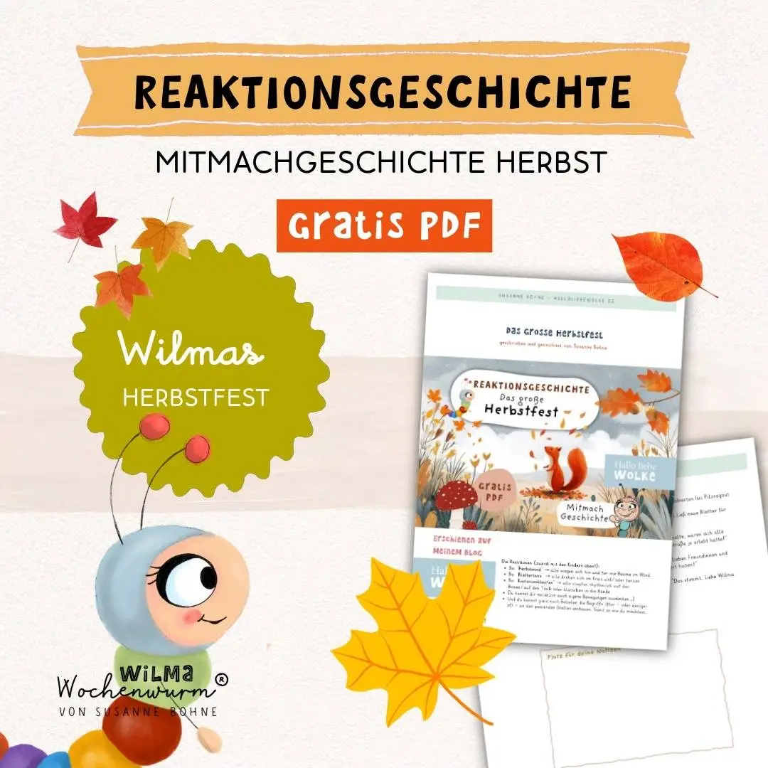 Kostenloses PDF einer Bewegungsgeschichte Herbst Kindergarten & Kita mit Wilma Wochenwurm, bunten Herbstblättern und Reaktionsgeschichte für Kinder