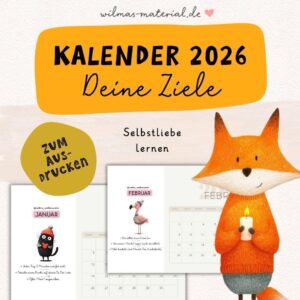 Kalender 2026 zum Ausdrucken - Deckblatt mit Fuchs, Igel und Ente, Wilma Wochenwurm Illustration