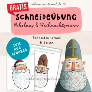 Schneideübungen zum Ausdrucken PDF mit Nikolaus und Weihnachtsmann - handgezeichnete Vorlagen von Wilma Wochenwurm für Kindergarten und Vorschule zum kostenlosen Download