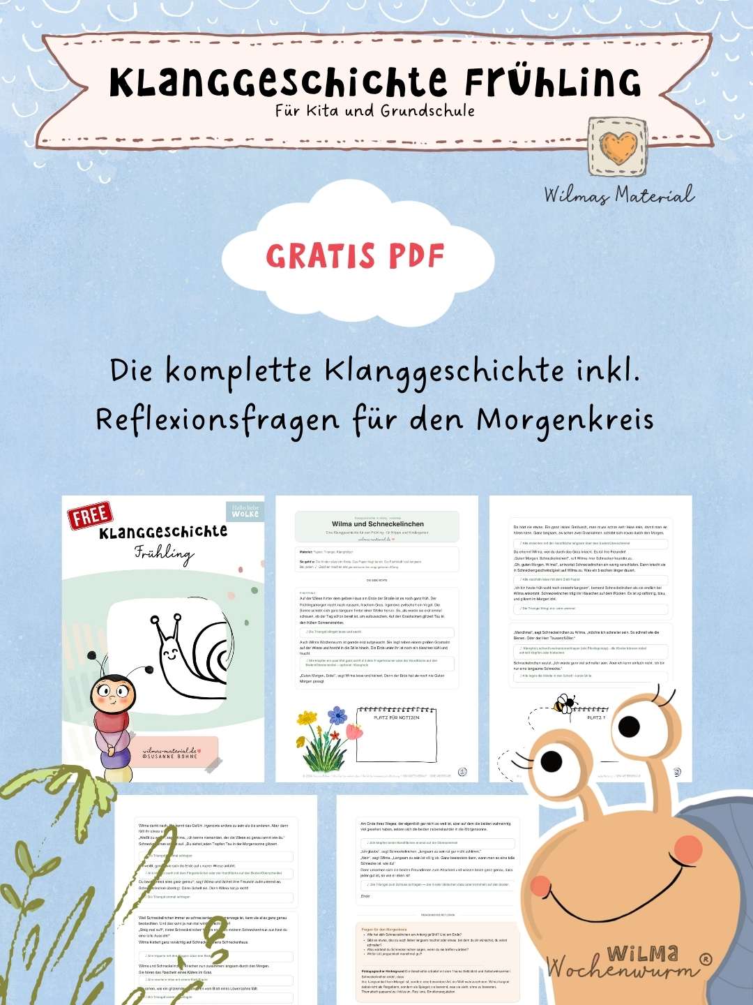 Klanggeschichte Frühling kostenlos Kamishibai Schnecke Bildkarten von Wilma Wochenwurm Gratis PDF Kindergarten