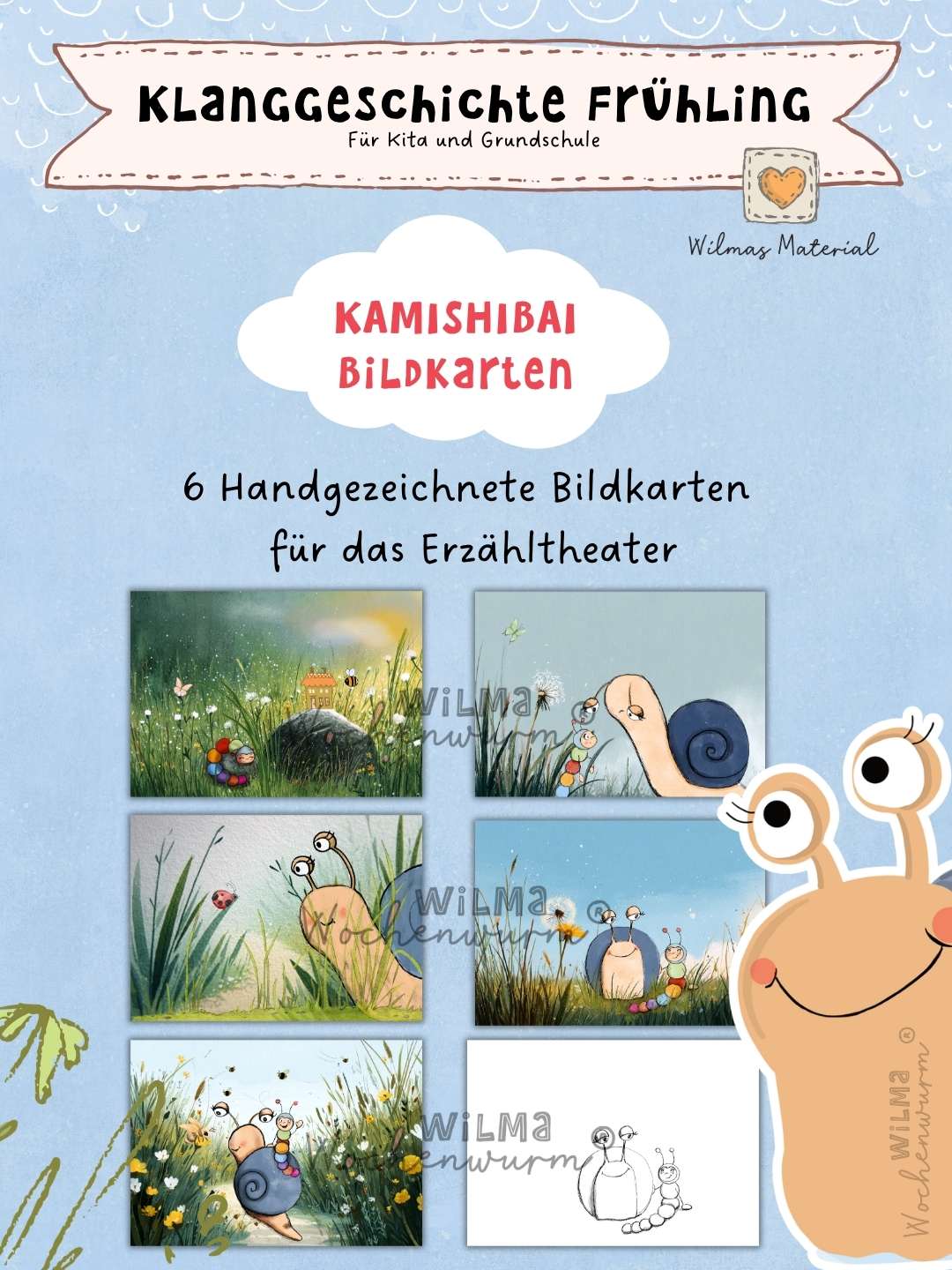 Kamishibai Frühling Kindergarten Klanggeschichte Frühling kostenlos Kamishibai Schnecke Bildkarten von Wilma Wochenwurm für Kinder in Kita und Kindergarten