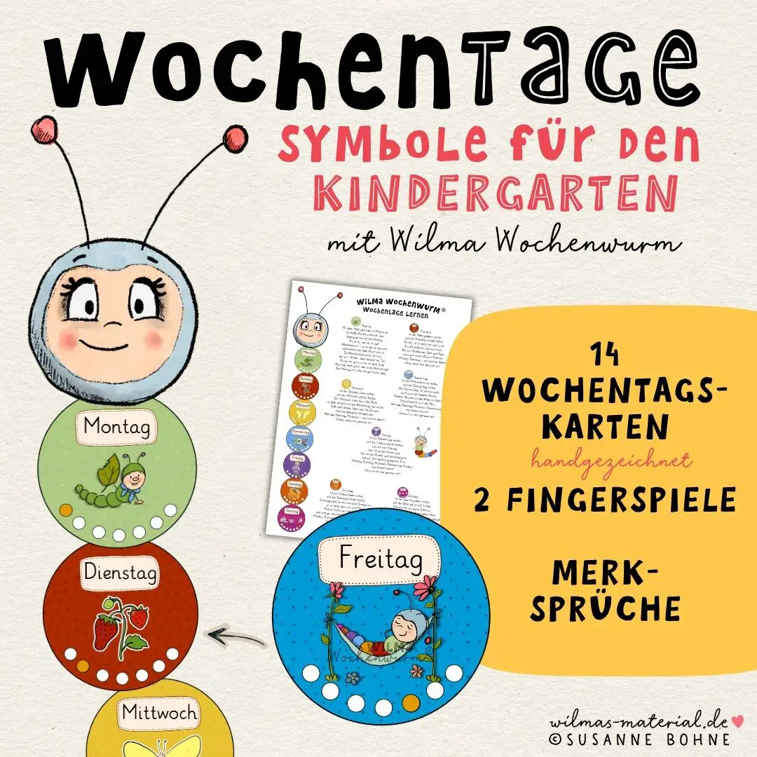 Wilma Wochenwurm Wochentage Symbole Kindergarten - Wochentage lernen mit Kindern