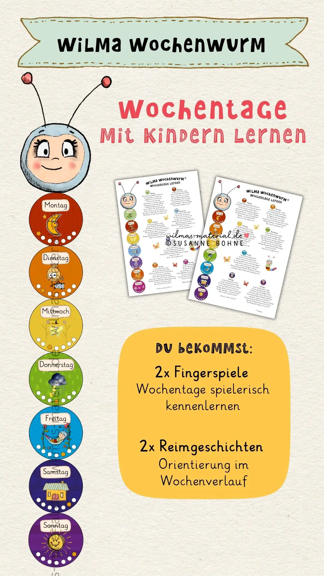 Wochentage Bilder mit Wilma Wochenwurm und Fingerspiele Wochentage