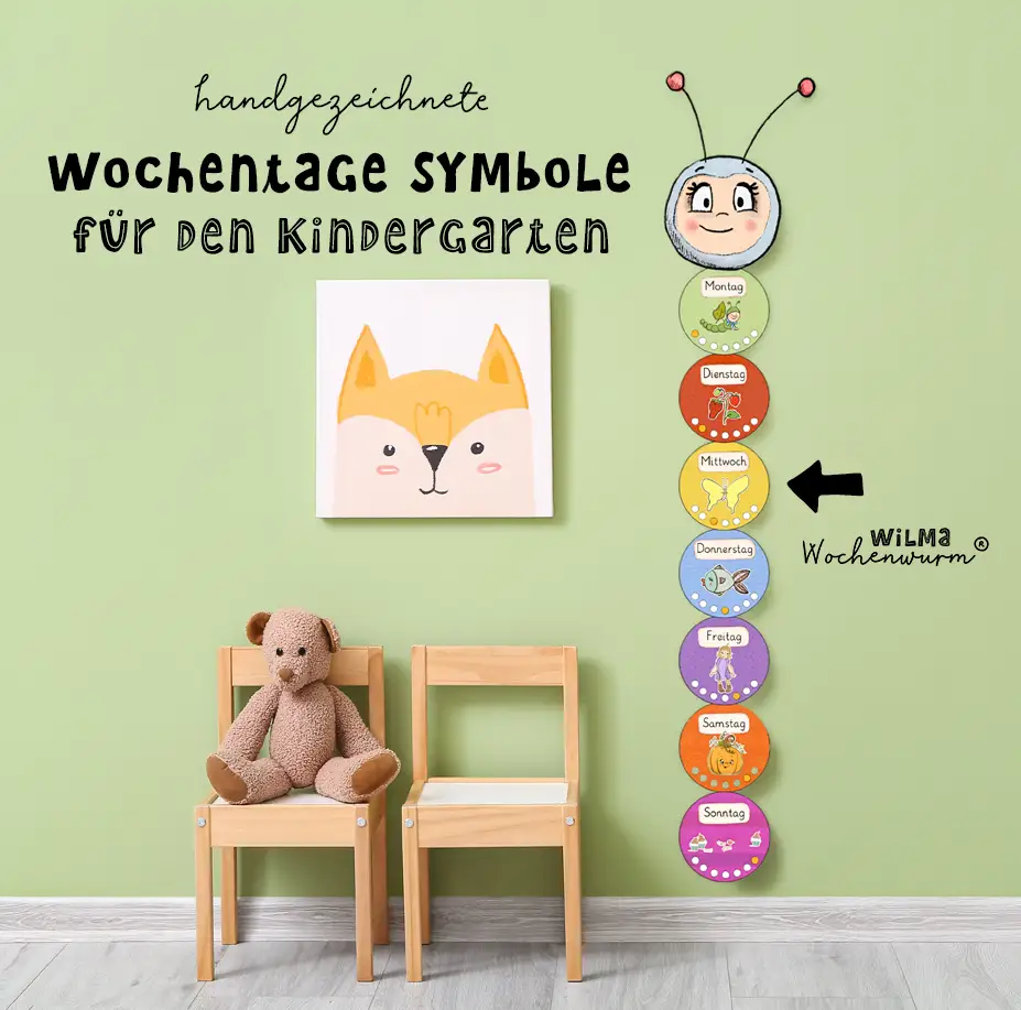 Wochentage Symbole Kindergarten - Wochentage lernen mit Kindern und Wilma Wochenwurm