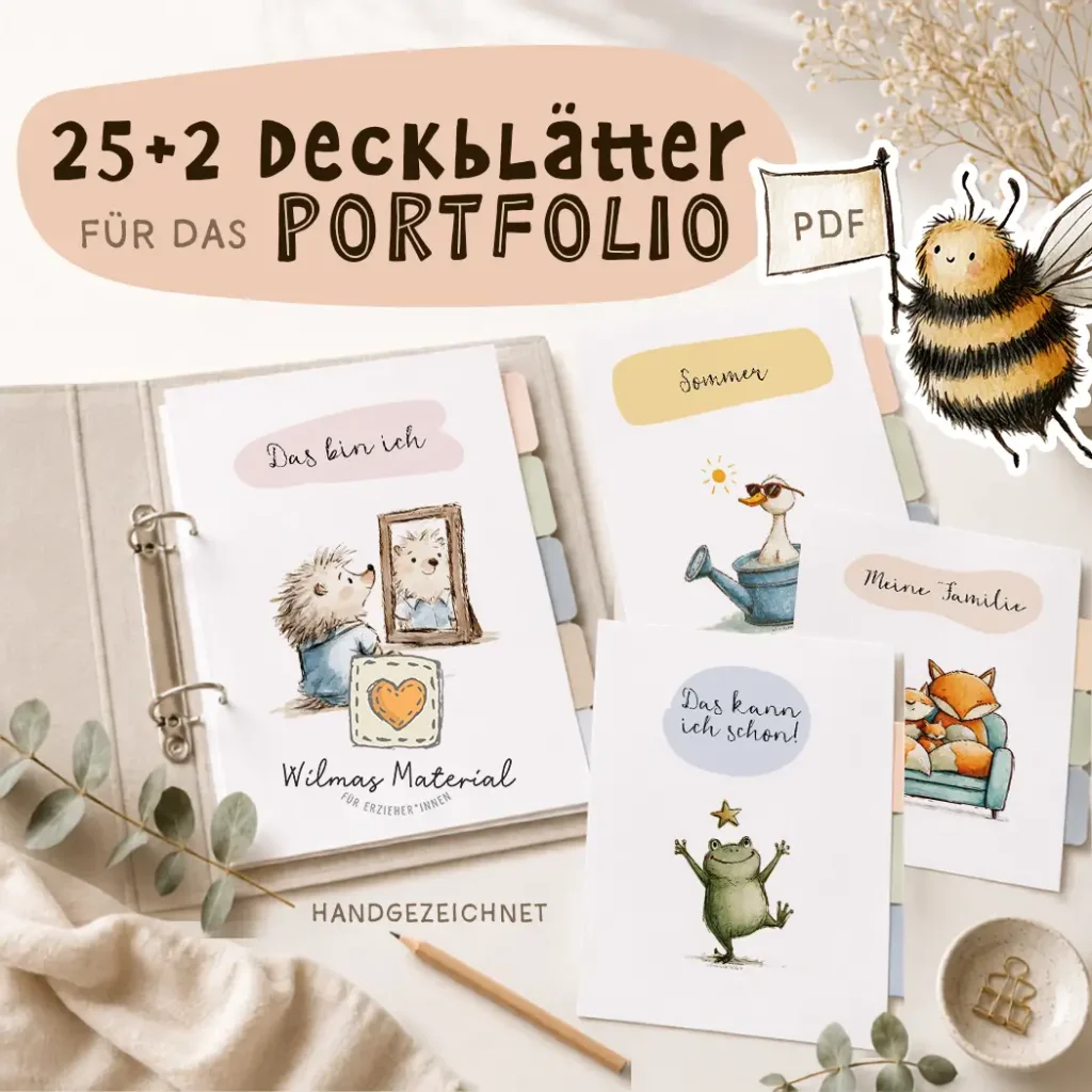 Deckblatt Portfolio Kindergarten - Trennblätter für das Kitaportfolio von Deckblatt Portfolio Kindergarten – 25+2 Vorlagen als PDF von Wilmas Material: Igel vor dem Spiegel, Ente im Sommer, Frosch „Das kann ich schon!" und Fuchs-Familie, handgezeichnet im Aquarell-Stil von Wilma Wochenwurm