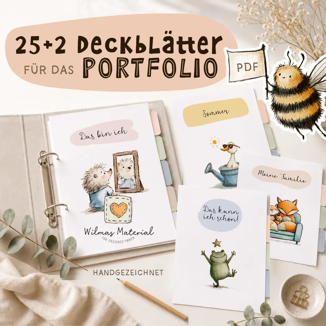 Deckblatt Portfolio Kindergarten - Trennblätter für das Kitaportfolio von Deckblatt Portfolio Kindergarten – 25+2 Vorlagen als PDF von Wilmas Material: Igel vor dem Spiegel, Ente im Sommer, Frosch „Das kann ich schon!" und Fuchs-Familie, handgezeichnet im Aquarell-Stil von Wilma Wochenwurm