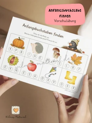 Vorschulheft Herbst: Anfangsbuchstaben zu Herbstbildern finden, Vorschulübung ab vier Jahren von Wilmas Material