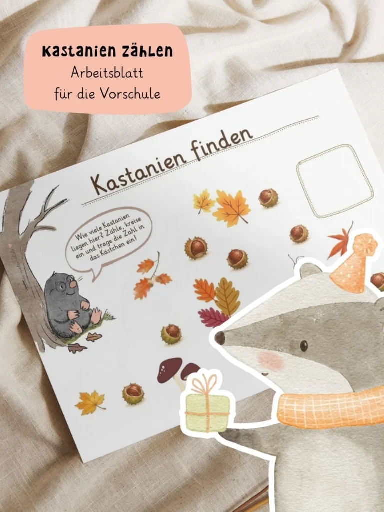 Vorschulheft Herbst: Kastanien zählen, Arbeitsblatt für die Vorschule im Herbst mit Moritz Maulwurf