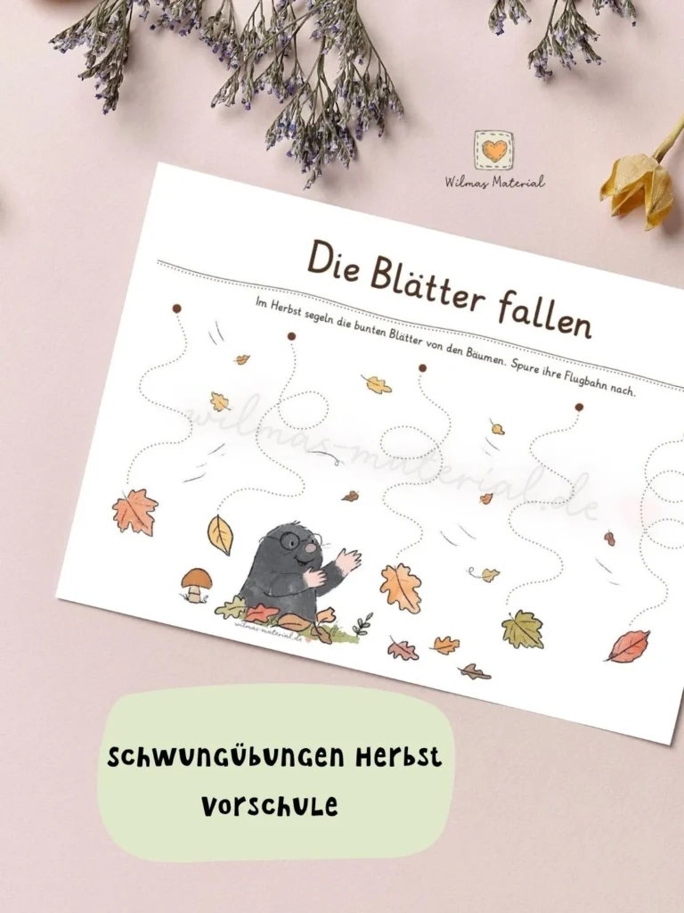 Vorschulheft Herbst: Schwungübung Herbst für die Vorschule, fallende Blätter mit dem Stift nachspuren