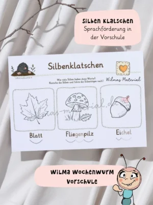 Vorschulheft Herbst: Silben klatschen mit Blatt, Fliegenpilz und Eichel, Sprachförderung in der Vorschule