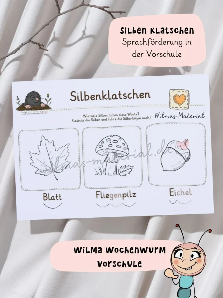 Vorschulheft Herbst: Silben klatschen mit Blatt, Fliegenpilz und Eichel, Sprachförderung in der Vorschule