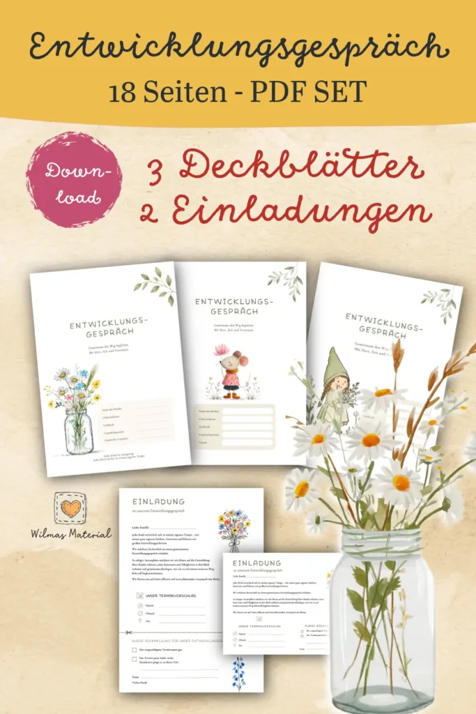Deckblätter und Einladungen aus dem Entwicklungsgespräch Kita Vorlage PDF-Set, drei handgezeichnete Deckblätter und zwei Einladungen in Sie- und Du-Form, mit Blumenglas, Maus und Wichtelmädchen