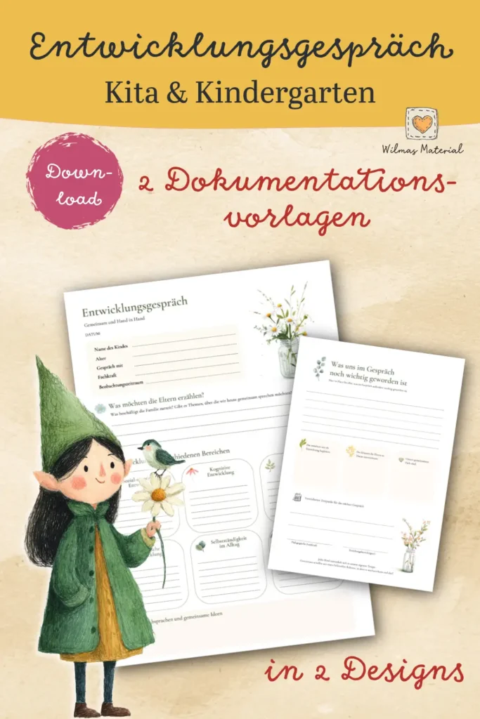 Dokumentationsvorlagen aus dem Entwicklungsgespräch Kita Set, zwei handgezeichnete Vorlagen in zwei Designs mit Feldern zu den Entwicklungsbereichen, als PDF zum Ausdrucken
