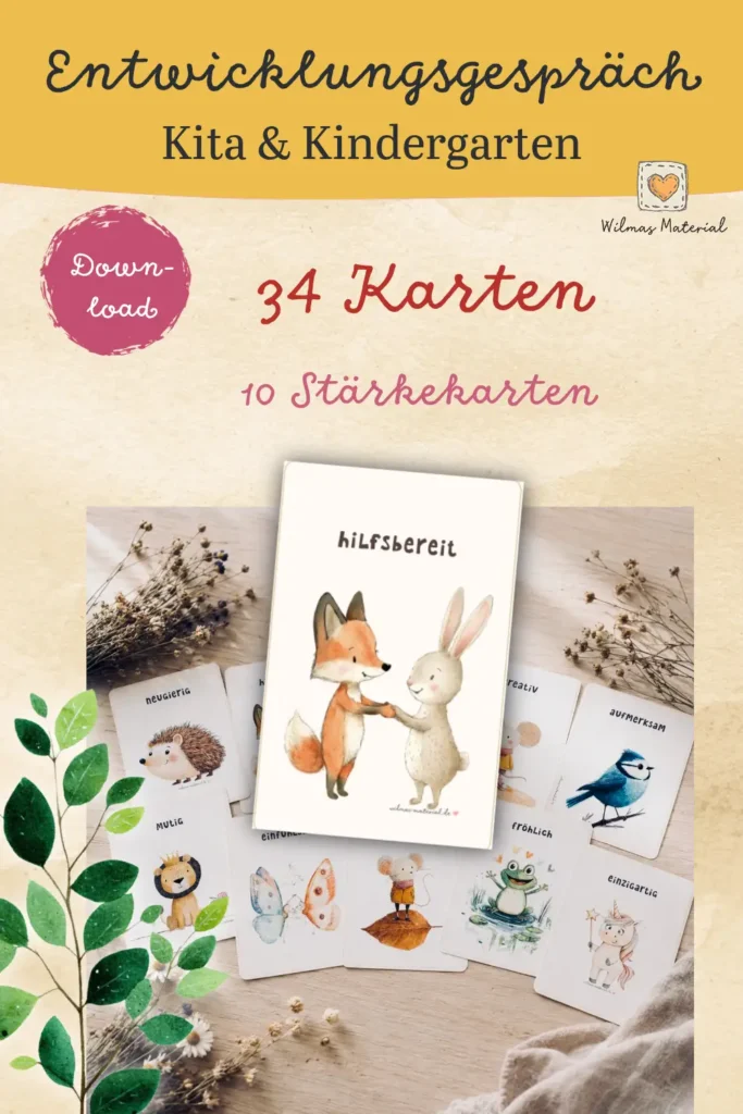 Stärkekarten aus dem Entwicklungsgespräch Kita Set, zehn handgezeichnete Tierkarten mit Stärken wie hilfsbereit, mutig und kreativ, ausgelegt mit Trockenblumen und Eukalyptus, als PDF zum Ausdrucken