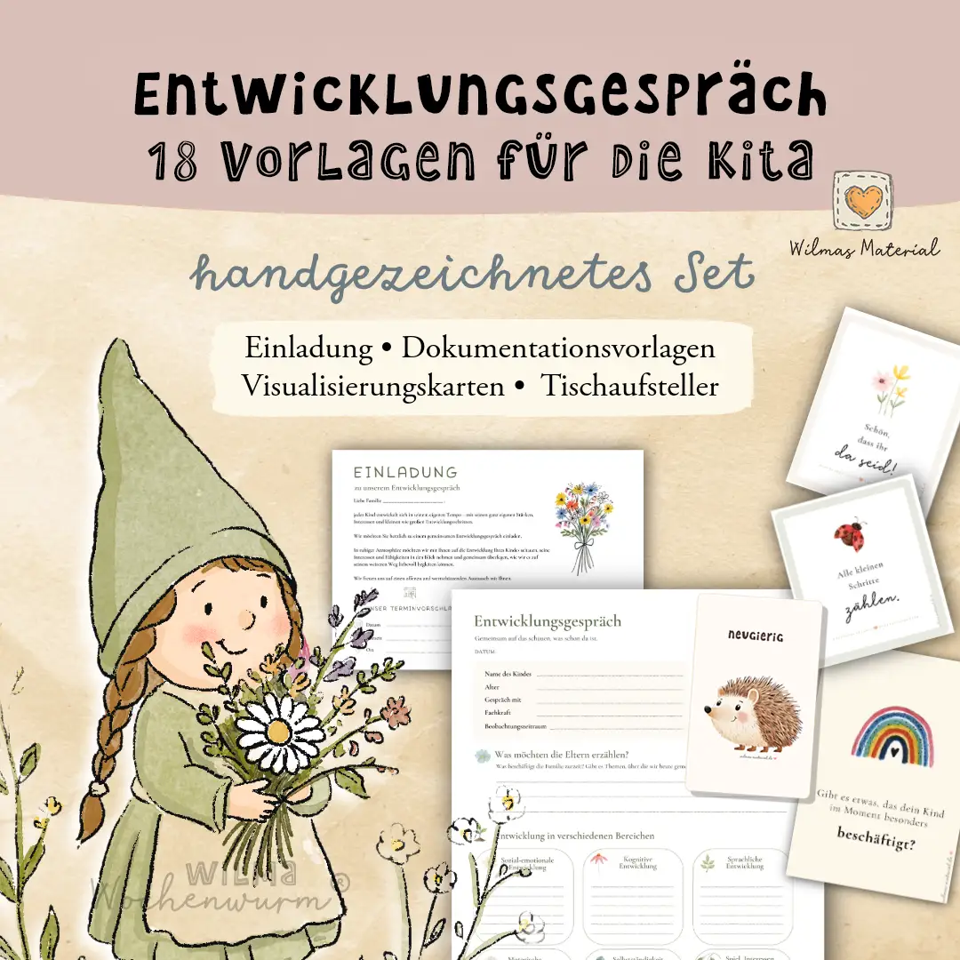 Entwicklungsgespräch Kita Vorlage als PDF-Set, handgezeichnetes Deckblatt mit Wichtelmädchen und Blumenstrauß, daneben Einladung, Dokumentationsvorlage und Gesprächskarten, 18 Vorlagen