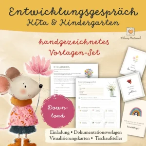 Entwicklungsgespräch Kita Vorlage als PDF-Set, handgezeichnetes Deckblatt mit Maus und Klee, daneben Einladung, Dokumentationsvorlage und Gesprächskarten, 18 Vorlagen
