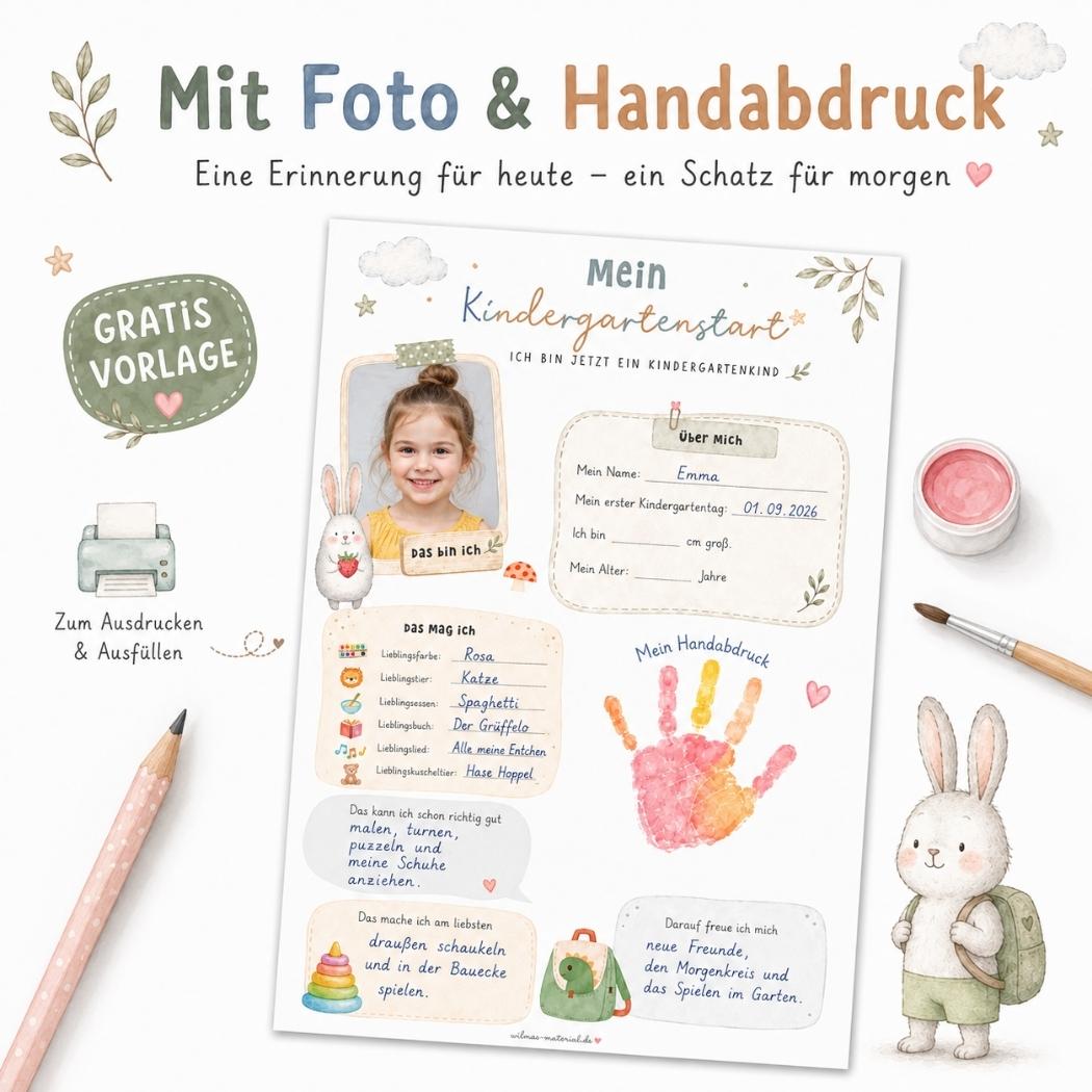 Ausgefülltes Erinnerungsblatt zum ersten Kita-Tag mit Kinderfoto und Handabdruck