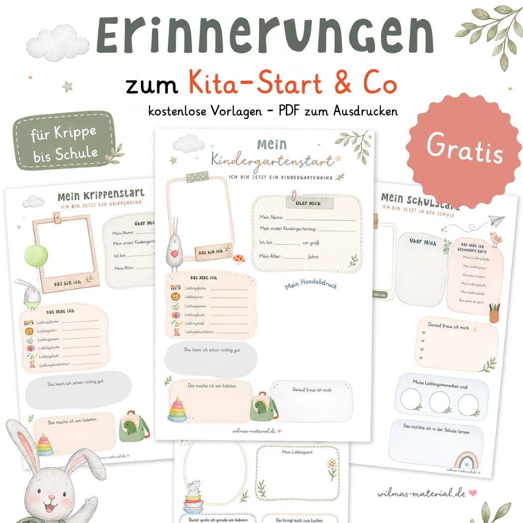 Kindergartenstart Vorlage kostenlos als PDF, Erinnerungsblätter von Krippe bis Schule