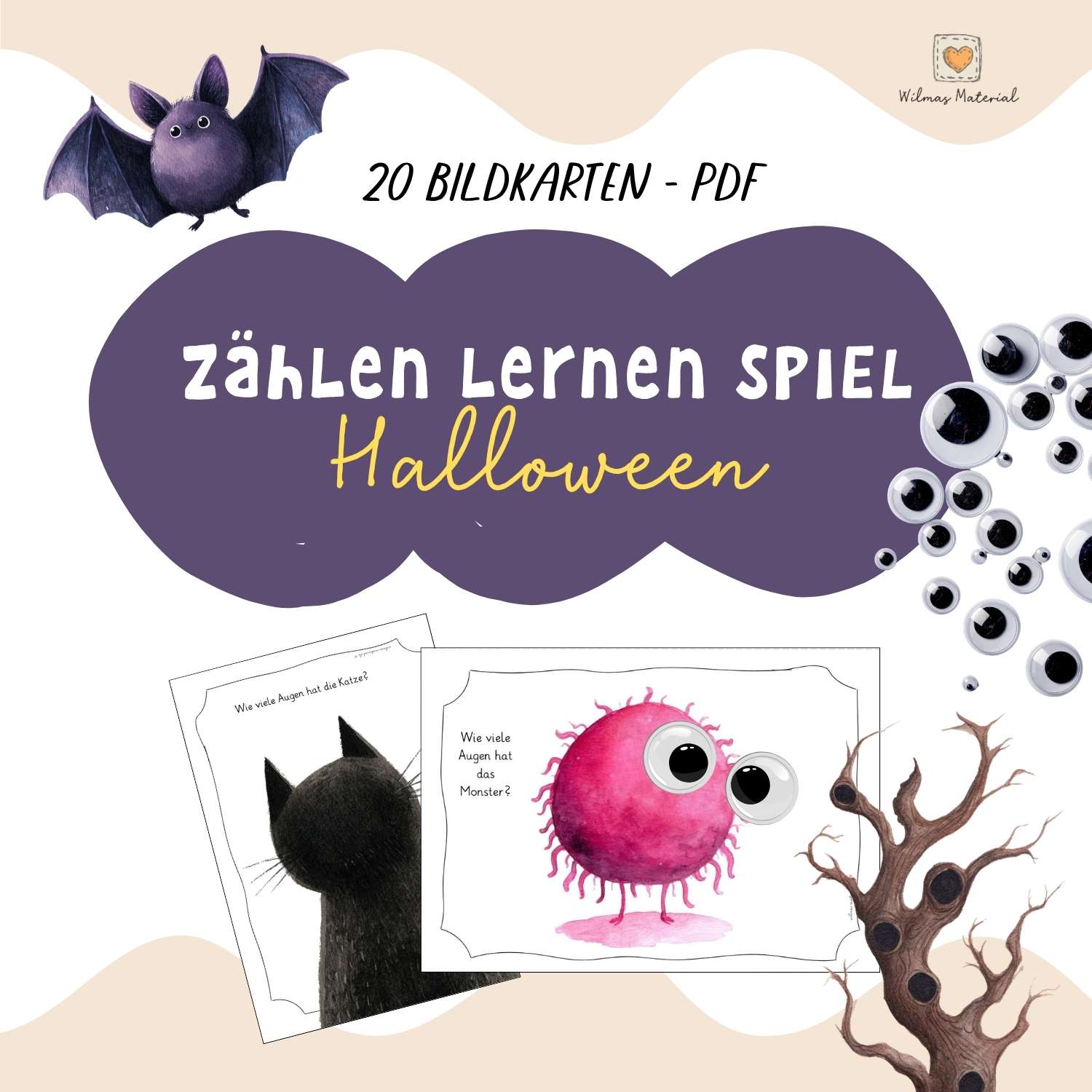 Zählen lernen Spiel Halloween: Bildkarten mit Katze und pinkem Monster mit Wackelaugen, Zählspiel für den Kindergarten als PDF