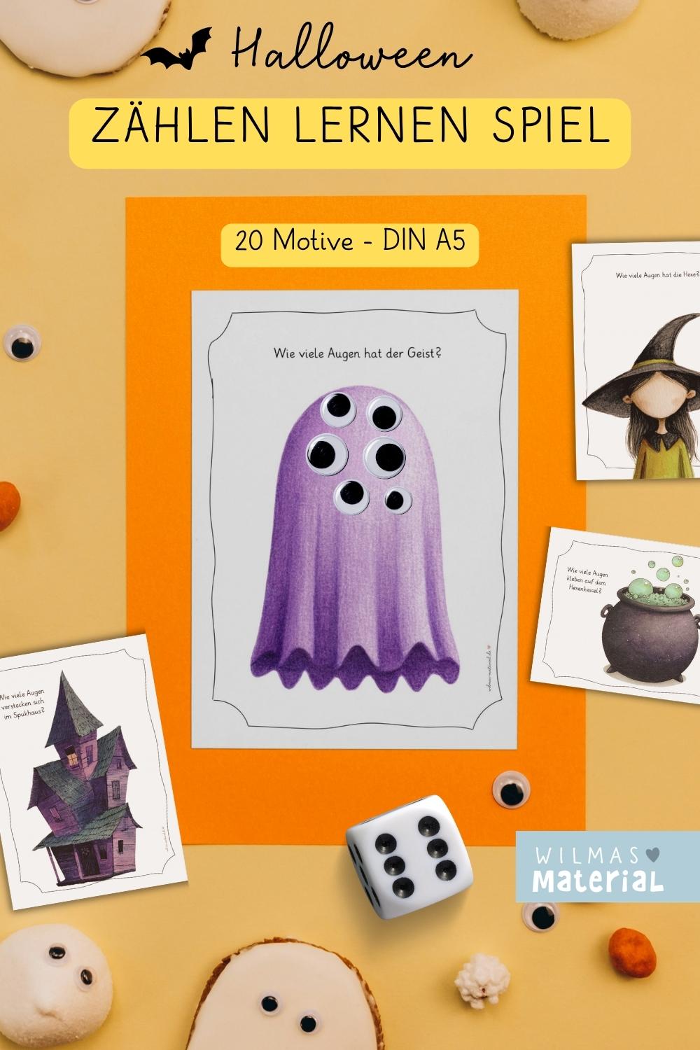 Halloween Spiel Kindergarten: Der Würfel zeigt sechs, der lila Geist hat sechs Wackelaugen, daneben Karten mit Hexe, Hexenkessel und Spukhaus