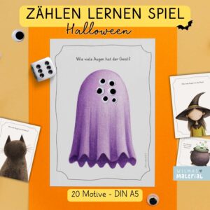 Zählen lernen Spiel Halloween: Bildkarten mit Katze und pinkem Monster mit Wackelaugen, Zählspiel für den Kindergarten als PDF