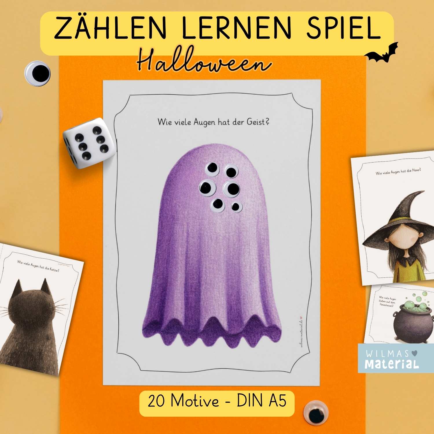 Zählen lernen Spiel Halloween: Bildkarten mit Katze und pinkem Monster mit Wackelaugen, Zählspiel für den Kindergarten als PDF