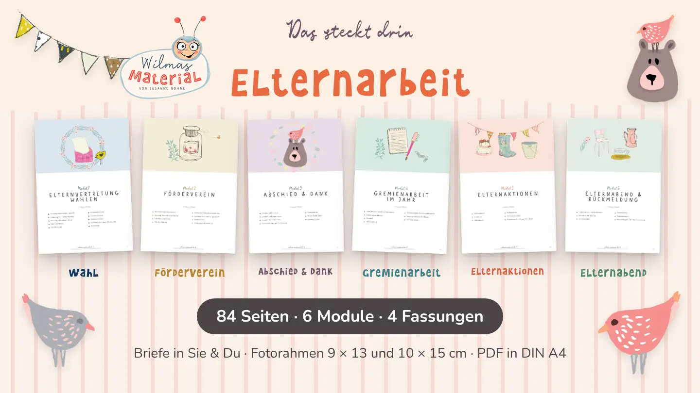 Übersicht Elternbeirat Kita Vorlagen: sechs Module von der Elternbeiratswahl bis zum Elternabend