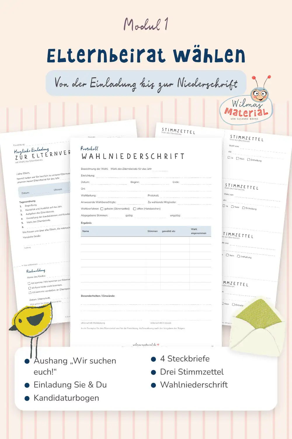 Elternbeiratswahl Kita Vorlage mit Einladung, Stimmzettel undWahlniederschrift