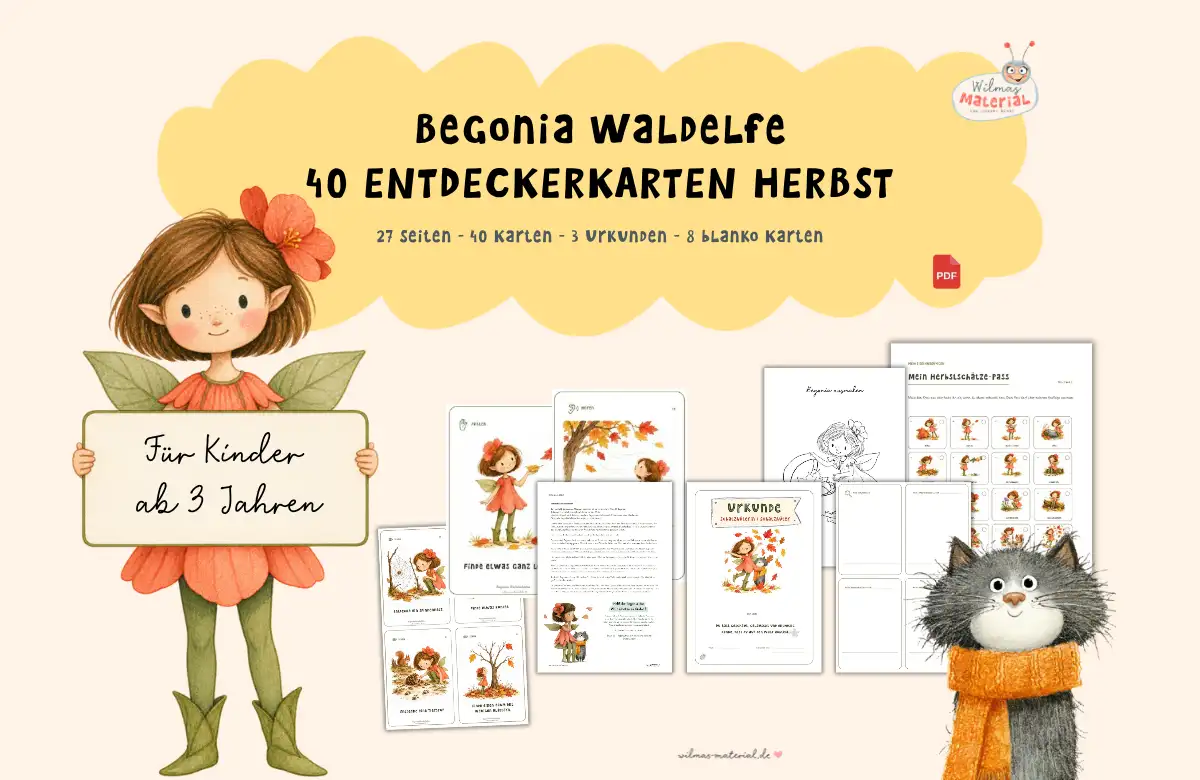 Waldelfe Begonia hält ein Schild „Für Kinder ab 3 Jahren“, daneben Entdeckerkarten Herbst, Geschichte, Urkunde, Ausmalbild und Herbstschätze-Pass