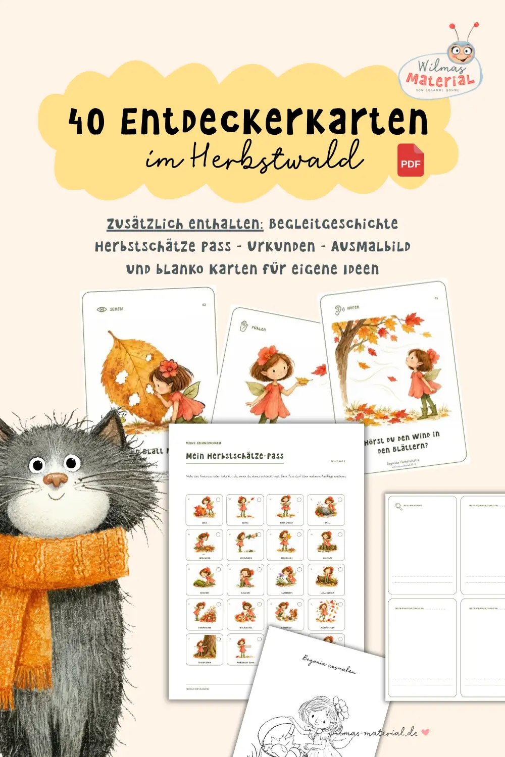 Inhalt des PDFs: Entdeckerkarten mit Waldelfe Begonia zu Sehen, Fühlen und Hören, Herbstschätze-Pass, Blankokarten und Ausmalbild