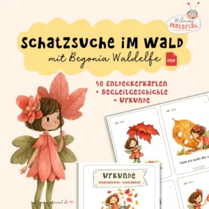 Produktbild Schatzsuche im Wald: Waldelfe Begonia hält ein rotes Herbstblatt, daneben Entdeckerkarten und Urkunde zum Ausdrucken