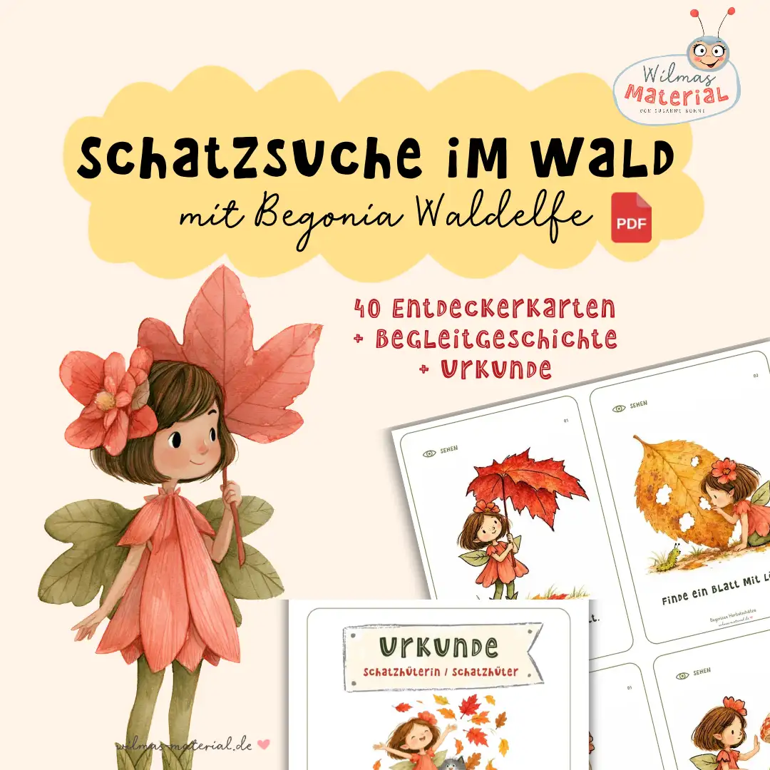 Produktbild Schatzsuche im Wald: Waldelfe Begonia hält ein rotes Herbstblatt, daneben Entdeckerkarten und Urkunde zum Ausdrucken