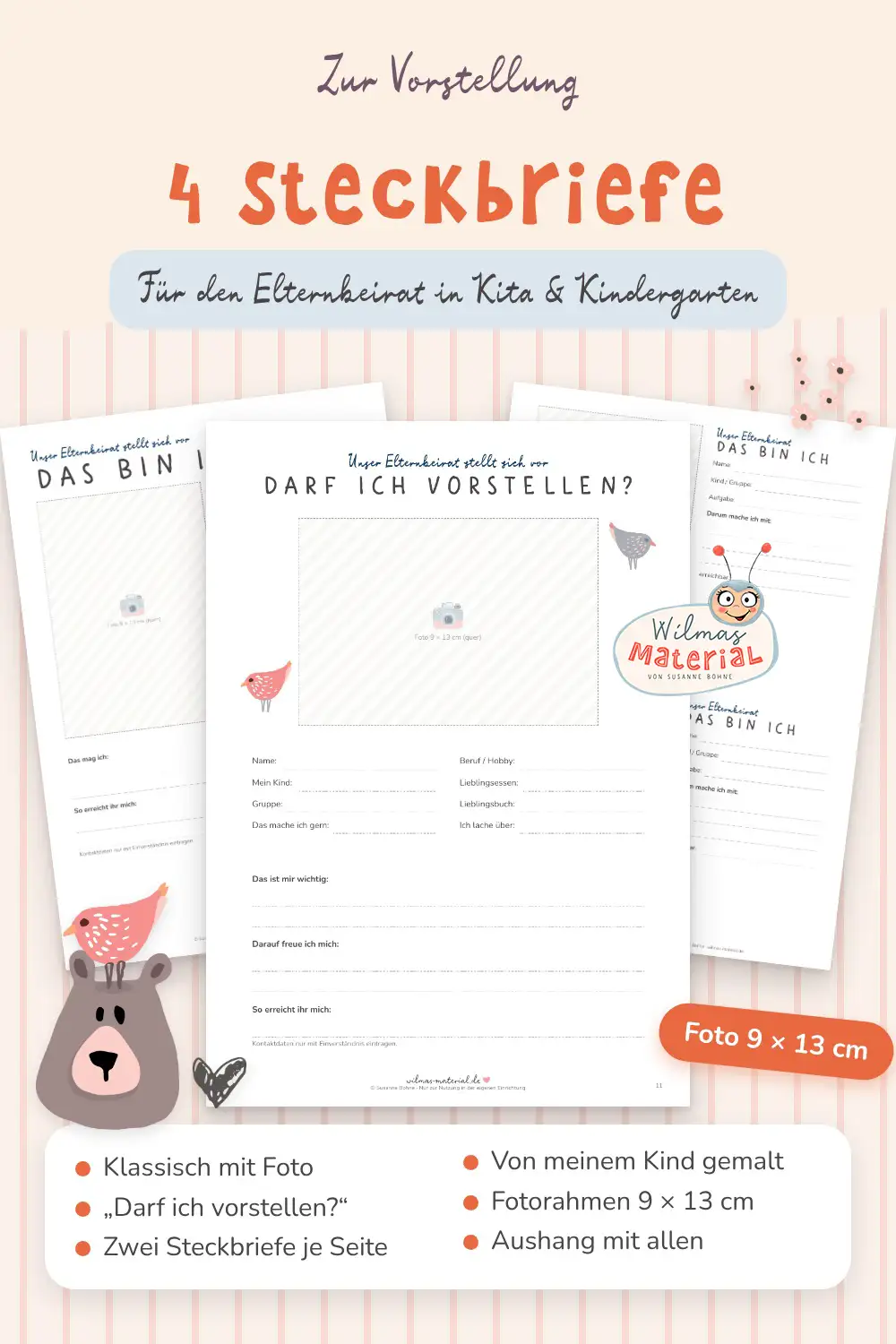 Steckbrief Elternbeirat Kita Vorlage in vier Varianten mit Fotorahmen 9 × 13 cm